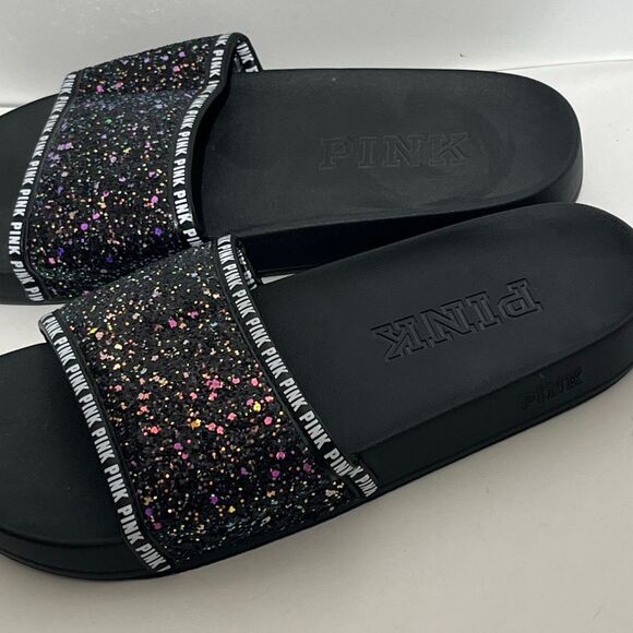 Victoria's Secret PINK Women's Black Purple Glitter Bling Slide Sandal Size 7-8 - Picture 5 of 8